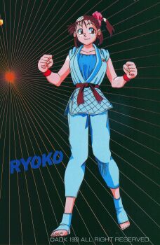 Rule 34 | 1990s (style), 1993, 1girl, adk, artist request, brown eyes, brown hair, character name, closed mouth, copyright notice, dated, female focus, highres, izumo ryoko, judogi, martial arts belt, matching hair/eyes, official art, retro artstyle, smile, snk, solo, world heroes, wristband