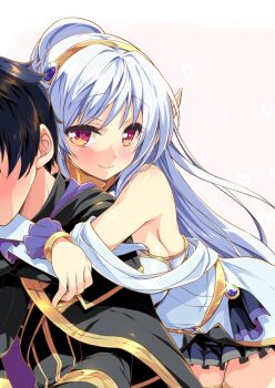 1boy 1girl amelia_rosequartz assassin_dearu_ore_no_status_ga_yuusha_yori_mo_akiraka_ni_tsuyoi_nodaga bare_shoulders black_cape black_hair blue_hair breasts cape closed_mouth commentary_request dress elf gold_hairband gold_trim hairband highres hug hug_from_behind large_breasts long_hair looking_at_viewer oda_akira pleated_skirt pointy_ears red_eyes simple_background skirt smile solo_focus watsuki_ayamo white_background white_dress wristband