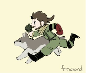 1boy animated animated_gif beard black_footwear blue_eyes brown_hair diamond_dog dog facial_hair feriowind looping_animation male_focus mechanical_arms metal_gear_(series) metal_gear_solid_v:_the_phantom_pain mustache prosthesis prosthetic_arm running scar scar_across_eye scar_on_face scarf signature single_mechanical_arm venom_snake