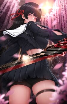 1girl absurdres black_hair black_jacket black_shirt black_shorts black_skirt blurry blurry_background breasts chisa_(wuthering_waves) commentary cowboy_shot crop_top depth_of_field english_commentary from_behind hair_ribbon highres holding holding_sword holding_weapon jacket long_hair looking_at_viewer looking_back median_furrow medium_breasts mole mole_under_eye myeu paid_reward_available pink_eyes red_ribbon ribbon sailor_collar shirt shorts shorts_under_skirt signature skirt solo sword tacet_mark_(wuthering_waves) thigh_strap thighs weapon white_sailor_collar wuthering_waves