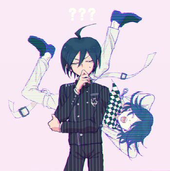 2boys ? ?? ahoge arms_behind_head black_hair black_jacket buttons checkered_clothes checkered_scarf chromatic_aberration closed_eyes collared_jacket commentary_request covering_own_mouth danganronpa_(series) danganronpa_v3:_killing_harmony double-breasted flipped_hair floating glitch grey_background hair_between_eyes hand_over_own_mouth jacket long_sleeves lower_eyelashes_only male_focus multiple_boys oma_kokichi open_mouth pants pink_background pinstripe_jacket pinstripe_pants pinstripe_pattern saihara_shuichi scarf short_hair simple_background static striped_clothes striped_jacket striped_pants sweatdrop teeth thinking two-tone_scarf vertical-striped_sleeves visket53