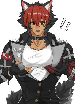 absurdres animal_ear_piercing animal_ears bandaged_arm bandages black_choker black_gloves black_jacket choker commentary dog_boy dog_ears dog_tail fingerless_gloves gloves highres huge_pectorals jacket komano_manato large_pectorals pectoral_focus pectoral_grab pectorals red_bandage scar sexually_suggestive shirt tail user_dnvd2888 white_shirt zenless_zone_zero