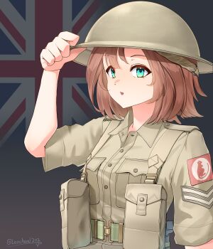 1girl absurdres ammunition_pouch arm_up artist_name belt brown_hair brown_jacket combat_helmet commentary flag_background green_belt green_eyes helmet highres jacket leochan1202 long_hair military military_combat_uniform military_rank_insignia military_uniform open_mouth original patch pouch short_hair short_sleeves shoulder_patch union_jack upper_body world_war_ii