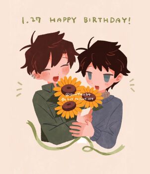 2boys :d akinashi_haru akinashi_natsuki antenna_hair black_hair blue_eyes blue_sweater blush bouquet brothers brown_hair closed_eyes collared_shirt commentary_request cropped_torso ear_piercing flower green_shirt grey_shirt hair_between_eyes happy happy_birthday highres holding holding_bouquet looking_at_another male_focus multiple_boys no_sclera open_mouth piercing plaid_clothes plaid_shirt ruuya1124 saihate_eki shirt siblings smile sunflower sweater twitter_username upper_body