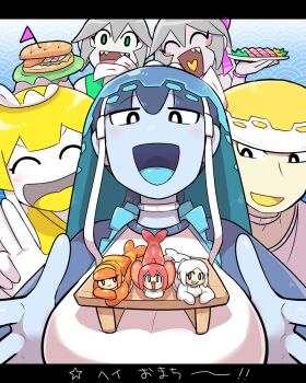 2boys 6+girls alternate_color blonde_hair blue_hair blue_skin blue_tongue blush_stickers breasts colored_skin colored_tongue commentary_request dondozo fangs holding holding_plate kasugai_(de-tteiu) large_breasts mini_person minigirl multiple_boys multiple_girls nintendo partial_commentary plate pokemon shiny_and_normal shiny_pokemon size_difference tatsugiri tatsugiri_(curly) tatsugiri_(droopy) tatsugiri_(stretchy) translated veluza yellow_skin yellow_tongue