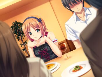 10s 2boys 2girls black_dress black_hair brown_hair cup dress drink drinking_glass embarrassed fingernails food game_cg green_eyes hairband head_rest highres indoors koutaro minazuki_izumi multiple_boys multiple_girls orange_hair own_hands_clasped own_hands_together short_hair smile striped_clothes striped_dress tropical_kiss vertical-striped_clothes vertical-striped_dress wine_glass