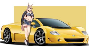 absurdres animal_ears belt black_belt black_jacket blonde_hair blue_bow bow car chain commentary denim denim_shorts ear_bow english_commentary gold_chain gold_city_(authentic/1928)_(umamusume) gold_city_(umamusume) grey_eyes han_(setrenx_lovato) highres horse_ears horse_girl horse_tail jacket long_hair midriff motor_vehicle open_clothes open_jacket shorts smile sports_car strapless tail tube_top umamusume volkswagen volkswagen_w12 yellow_car