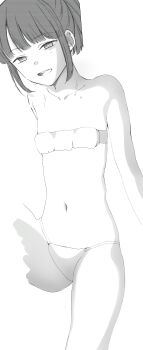1girl absurdres aoe_nagi bikini from_above greyscale highres idol loli looking_at_viewer model mole mole_under_eye monochrome photo_shoot shounen_no_abyss simple_background smile sweat swimsuit white_background