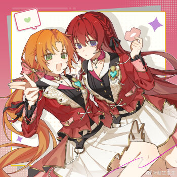 Rule 34 | 2girls, :d, absurdres, beads, belt, black belt, black bow, black vest, bow, braid, brooch, buttons, chaoshengshengshengsheng, chinese commentary, choker, commentary request, cowboy shot, curtained hair, dutch angle, ensemble stars!, frilled jacket, frills, genderswap, genderswap (mtf), gold trim, green eyes, hair between eyes, hair bow, hair intakes, hand up, heart, heart brooch, heart choker, highres, holding, jacket, jewelry, lapels, layered sleeves, long hair, long sleeves, love collector (ensemble stars!), microphone, multiple girls, open mouth, orange hair, ponytail, purple eyes, red bow, red hair, red jacket, salute, side braid, skirt, smile, suou tsukasa, tsukinaga leo, two-finger salute, two-sided bow, very long hair, vest, watermark, weibo watermark, white skirt