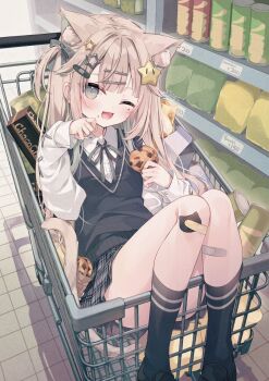 1girl ;d animal_ear_fluff animal_ears black_shoes black_socks blush brown_hair cat_ears cat_girl cat_tail chocolate_chip_cookie collared_shirt comiket_107 commentary cookie cover cover_page dress_shirt food food_on_face grey_eyes grey_ribbon grey_skirt hair_ornament hairclip highres holding holding_food hoshi_(snacherubi) in_shopping_cart loafers long_hair long_sleeves looking_at_viewer mole mole_under_eye neck_ribbon one_eye_closed one_side_up open_mouth original plaid_clothes plaid_skirt pleated_skirt puffy_long_sleeves puffy_sleeves ribbon shirt shoes shopping_cart skirt sleeves_past_wrists smile socks solo star_(symbol) star_hair_ornament sweater_vest symbol-only_commentary tail very_long_hair white_shirt