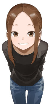 Rule 34 | 1girl, absurdres, bent over, black shirt, blue pants, blush, brown eyes, brown hair, clenched teeth, commentary request, denim, forehead, grin, highres, jeans, karakai jouzu no (moto) takagi-san, karakai jouzu no takagi-san, leaning forward, long hair, long sleeves, looking at viewer, pants, shirt, sidelocks, simple background, smile, solo, standing, takagi-san, teeth, white background, yamamoto souichirou