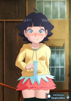 1girl absurdres ahoge artist_logo artist_name black_hair black_thighhighs blue_eyes blunt_bangs blush boruto:_naruto_next_generations closed_mouth collarbone cowboy_shot drawstring espiralsix facial_mark feet_out_of_frame female_focus flat_chest highres holding holding_ruler hood hood_down hoodie logo loli long_sleeves naruto_(series) paid_reward_available patreon_username pink_skirt ruler sexually_suggestive short_hair skirt standing sweater thighhighs thighs uzumaki_himawari whisker_markings yellow_hoodie yellow_sweater zettai_ryouiki