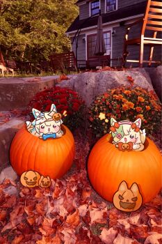 2girls animal_ear_fluff animal_ears autumn_leaves bandages blonde_hair blue_eyes blue_hair blush_stickers bone bow button_eyes buttons chair chibi chibi_only commentary day dog_ears dog_girl dog_tail english_commentary food-themed_hair_ornament fuwawa_abyssgard hair_between_eyes hair_ornament halloween hashtag-only_commentary highres hololive hololive_english house leaf mococo_abyssgard multicolored_hair multiple_girls open_mouth outdoors pink_eyes pink_hair pumpkin pumpkin_hair_ornament red_bow star_(symbol) stitched_face stitches streaked_hair tail tree two-tone_hair virtual_youtuber wooden_chair yuiyo