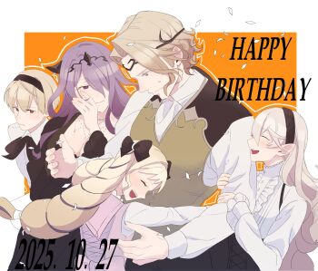 2boys 3girls alternate_costume aristocratic_clothes black_dress black_hairband blonde_hair breasts camilla_(fire_emblem) cleavage dress elise_(fire_emblem) female_corrin_(fire_emblem) fire_emblem fire_emblem_fates grey_hair hairband half-siblings happy_birthday highres hug large_breasts leo_(fire_emblem_fates) multiple_boys multiple_girls nintendo odekodase purple_eyes purple_hair step-siblings twintails xander_(fire_emblem)