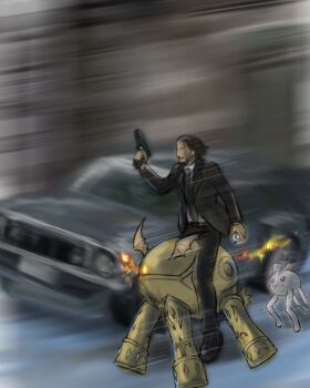 cat digimental digimental_of_hope digimon digimon_(creature) facial_hair fang gun john_wick_(character) mustache tokomon weapon what