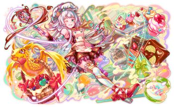 1girl 1other animal_ears apron aqua_bow aqua_eyes asymmetrical_legwear baking bare_shoulders basket blueberry blush bow bowl brown_shirt buttoned_cuffs buttons candy_heart cel_shading chef_hat chocolate chocolate_icing closed_mouth commentary_request crash_fever cross-laced_clothes cross-laced_top cupcake detached_sleeves double-breasted dragon dragon_tail dragon_wings dutch_angle food frilled_thighhighs frills fruit full_body game_cg garter_straps gloves hat hat_ornament heart heart_hat_ornament high_heels holding holding_bowl holding_whisk horizontal-striped_skirt icing indoors kitchen leg_up lemon lemon_slice long_hair macaron mismatched_legwear mismatched_thighhighs no_feet official_art one_eye_closed orange_scales outline oven pinstripe_pattern pinstripe_skirt purple_gloves red_footwear red_outline red_ribbon ribbon saturated scales shirt shoe_soles shoe_strap single_detached_sleeve single_glove skirt sleeve_cuffs solo_focus sparkle strawberry strawberry_slice striped_clothes striped_skirt tachi-e tail teapot teeth thigh_strap thighhighs tile_floor tiles tongue tongue_out transparent_background vertical-striped_clothes vertical-striped_skirt very_long_hair whisk white_apron white_garter_straps white_hair white_hat white_sleeves white_thighhighs wings yellow_bow