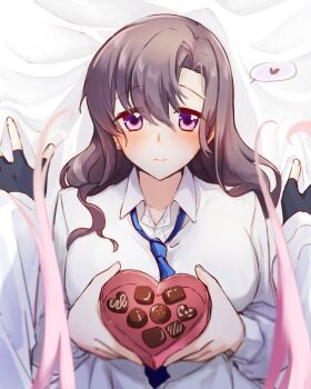 Rule 34 | 2girls, bed sheet, black gloves, black hair, blue archive, blue necktie, box, candy, chocolate, chocolate heart, closed mouth, collared shirt, commentary, female pov, female sensei (blue archive), fingerless gloves, food, gloves, heart, heart-shaped box, heart-shaped food, holding, holding box, hoshino (blue archive), long hair, long sleeves, looking at viewer, lying, multiple girls, necktie, on back, pov, purple eyes, rarasa (rarasa), sensei (blue archive), shirt, spoken heart, untranslatable commentary, white shirt