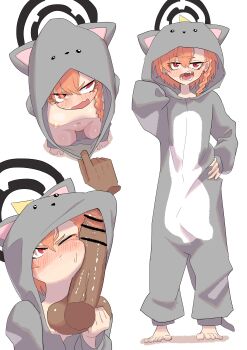 1boy 1girl absurdres age_difference alternate_costume animal_costume animal_ears animal_hood annoyed bar_censor barefoot black_halo blue_archive blush braid breasts caressing_testicles cat_costume cat_ears cat_hood censored cheek_bulge cheek_press close-up clothes_pull cosplay dark-skinned_male dark_skin disembodied_hand disembodied_penis earrings embarrassed eyebrows eyelashes facejob fake_animal_ears fang flat_chest from_above frown full_body grey_onesie halo hand_on_own_hip hands_up hetero highres hood hood_up hooded_pajamas interracial jewelry kigurumi large_penis loli looking_at_viewer looking_up mole mole_under_eye multiple_views naked_onesie navel neru_(blue_archive) nipples no_bra no_panties one_eye_closed onesie onesie_pull open_mouth orange_hair pajamas penis penis_on_face penises_touching pov pov_hands pulling_another's_clothes pussy pussy_peek red_eyes short_hair simple_background single_braid skin_fang teeth testicles toes tsundere two-tone_onesie wavy_mouth white_background white_onesie yamiochi_deska