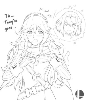 1girl blush body_switch cape english_text female_focus fire_emblem fire_emblem_awakening flat_chest gloves greyscale hair_ornament highres j@ck long_hair looking_at_viewer lucina_(fire_emblem) monochrome nintendo open_mouth personality_switch pyra_(xenoblade) short_hair simple_background smile solo super_smash_bros. tiara xenoblade_chronicles_(series) xenoblade_chronicles_2
