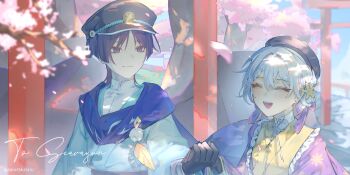 Rule 34 | 1boy, 1girl, alternate costume, art trade, artist name, ash mirai, beret, black gloves, black hair, black hat, blue kimono, blue rope, blue scarf, blue sky, blue sleeves, blunt ends, blurry, blurry background, blush, bow, braid, braided bangs, cherry blossoms, clear sky, closed eyes, closed mouth, coat, couple, depth of field, dotera (clothes), dress shirt, earrings, eyelashes, eyeliner, facing another, falling petals, feathers, flower, frilled coat, frills, genshin impact, gloves, hair between eyes, hair bow, hair bun, hair flower, hair intakes, hair ornament, happy, hat, hetero, highres, holding hands, japanese clothes, jewelry, kimono, long sleeves, looking at another, makeup, mandarin collar, multiple torii, oc x canon, open clothes, open coat, open mouth, original, outdoors, parted bangs, peaked cap, petals, pink bow, pom pom (clothes), purple coat, purple eyes, red eyeliner, rope, scaramouche (genshin impact), scarf, shirt, short hair, shosei, single hair bun, sky, smile, teeth, tongue, torii, tsurime, twitter username, undershirt, white shirt, white trim, wispy bangs, yellow feathers, yellow flower, yellow kimono