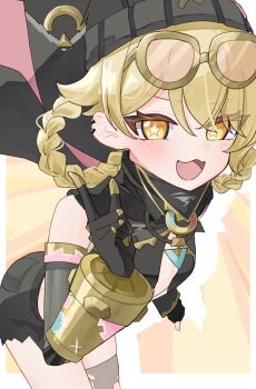 beanie braid braided_hair_rings eyewear_on_head genshin_impact goggles goggles_on_head hair_rings hat highres jahoda_(genshin_impact) mechanical_arms prosthesis prosthetic_arm single_mechanical_arm star-shaped_pupils star_(symbol) sukumo_uru symbol-shaped_pupils thighhighs tinted_eyewear torn_clothes torn_thighhighs x_hat_ornament