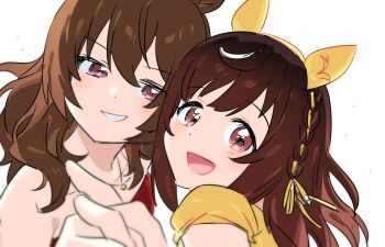 Rule 34 | 2girls, :d, animal ears, braid, brown hair, buena vista (umamusume), crown braid, ear covers, grin, habsida (habsida hpy), hair between eyes, hairband, highres, holding hands, horse ears, horse girl, interlocked fingers, looking at another, looking at viewer, multicolored hair, multiple girls, nakayama festa (umamusume), open mouth, portrait, purple eyes, sideways glance, simple background, smile, streaked hair, umamusume, white background, yellow hairband, yuri