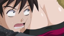 1boy 1girl animated anime_screenshot aono_tsukune audible_speech black_coat blood blue_hair blush bouncing_breasts breast_awe breasts brown_eyes brown_hair cleavage coat demon_girl dress embarrassed english_audio face_to_breasts fur_coat hug jewelry kurono_ageha large_breasts looking_at_breasts mature_female nosebleed purple_eyes red_dress rosario+vampire rosario+vampire_capu2 school_uniform sexually_suggestive sound sparkling_clothes staring tagme video