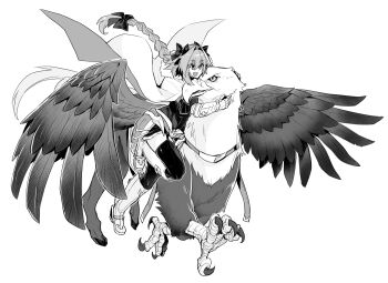 1boy animal animal_hug armored_skirt astolfo_(fate) beak bird_wings black_bow black_garter_straps black_sweater black_thighhighs blush boots bow braid cape fang fate/apocrypha fate_(series) floating_hair full_body fur-trimmed_cape fur_trim garter_straps gauntlets gorget greyscale hair_bow hair_intakes haoro hippogriff hippogriff_(fate) long_hair male_focus monochrome multicolored_hair open_mouth pet riding_boots simple_background single_braid skin_fang smile spurs sweater talons thighhighs trap two-sided_cape two-sided_fabric two-tone_hair white_background white_boots white_cape white_hair wings zettai_ryouiki