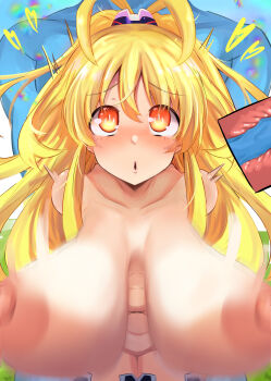 1boy 1girl absurdres bare_shoulders blonde_hair blush breasts commission dogoo_man highres huge_breasts kami_jigen_game_neptune_v large_breasts long_hair misaki_(nounaikakusan) neptune_(series) nipples open_mouth orange_eyes pixiv_commission power_symbol power_symbol-shaped_pupils symbol-shaped_pupils upper_body very_long_hair yellow_eyes yellow_heart_(neptunia)