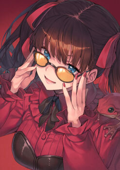 1girl animal black-framed_eyewear black_ribbon blue_eyes breasts brown_hair commentary_request fingernails frog glasses gradient_background hagure_keg hair_ribbon highres long_sleeves looking_at_viewer medium_breasts nail_polish neck_ribbon open_mouth original red_background red_nails red_ribbon red_shirt ribbon shirt tinted_eyewear twintails upper_body yellow-tinted_eyewear