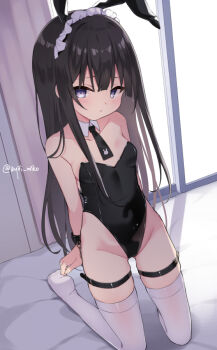 1girl animal_ears black_hair black_leotard breasts commentary_request detached_collar fake_animal_ears groin kneeling leotard long_hair looking_at_viewer necktie original paid_reward_available partial_commentary playboy_bunny rabbit_ears small_breasts solo strapless strapless_leotard thighhighs usagimiko white_thighhighs