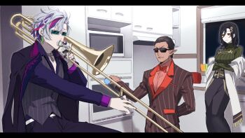 Rule 34 | 1girl, 2boys, belt, black hair, bow, bowtie, brown hair, closed mouth, formal clothes, fuwa minato, green hair, green sweater, grey hair, grey vest, gwelu os gar, gwelu os gar (1st costume), hair ornament, holding, holding instrument, holding microphone, holding trombone, indoors, instrument, jewelry, jip, kitchen, meme, microphone, multicolored hair, multiple boys, necklace, night kingdom (nijisanji), nijisanji, orange bow, orange bowtie, orange eyes, pants, pointy ears, purple hair, purple shirt, ring, shirayuki tomoe, shirayuki tomoe (1st costume), shirt, suit, sunglasses, sweater, trombone, vest, virtual youtuber, when mama isn't home (meme), white belt