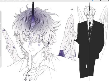 1boy art_program_in_frame black_suit commentary cross cross_necklace dmdrk_(ha_ha) ear_piercing feathered_wings finger_to_mouth formal_clothes highres horns jewelry male_focus multiple_views necklace original parted_lips piercing purple_liquid short_hair single_horn suit symbol-only_commentary unicorn_boy white_background white_eyes white_hair white_wings wings