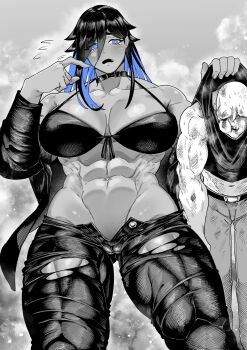 1boy 1girl abs animal_collar bald bare_shoulders belt bikini bikini_top_only blood blue_eyes blue_hair blush breasts bruise bruise_on_face collar commentary_request crotch_seam d: dark-skinned_female dark_skin eyebrows_hidden_by_hair fang flying_sweatdrops front-tie_top greyscale groin hair_between_eyes halterneck hands_up height_difference highres huge_breasts injury jacket legs_apart lifting_person long_hair_between_eyes long_sleeves lowleg lowleg_pants monochrome multicolored_hair muscular muscular_female navel nosebleed open_clothes open_jacket open_mouth original pants raised_inner_eyebrows shimizu_ginkaku skin_tight solo solo_focus spot_color standing stomach straight-on strap_gap strong sweat swimsuit tall_female tearing_up thick_thighs thighs torn_clothes torn_pants two-tone_hair worried