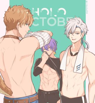 3boys abs absurdres animal_ears aqua_background arm_at_side arms_at_sides ayunda_risu back belt black_pants black_shirt blonde_hair blue_eyes blue_hair blue_pants bright_pupils brown_hair closed_mouth clothes_lift commentary denim earrings english_commentary genderswap genderswap_(ftm) goggles goggles_around_neck hair_between_eyes highres hololive hololive_indonesia jeans jewelry kyoraku_(weng3133) lifting_own_clothes looking_at_viewer male_focus moona_hoshinova multicolored_hair multiple_boys muscular muscular_male navel one_eye_closed open_mouth pants pavolia_reine pectorals profile purple_hair shirt shirt_lift short_hair simple_background smile smirk squirrel_boy squirrel_ears squirrel_tail streaked_hair tail topless_male towel towel_around_neck twitter_username two-tone_background two-tone_hair undressing upper_body virtual_youtuber white_background white_hair white_pupils wiping_face