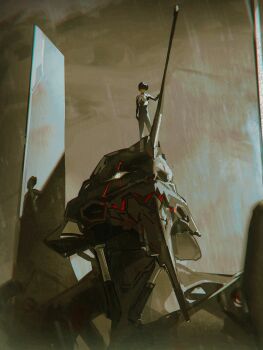 1boy absurdres arm_up brown_hair commentary dudrinm eva_01 highres ikari_shinji looking_up mecha mecha_pilot_suit neon_genesis_evangelion plugsuit_(evangelion) rain robot short_hair standing