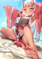 1girl absurdres akucat_project armpits bare_legs barefoot black_one-piece_swimsuit blunt_bangs blush breasts closed_mouth dark-skinned_female dark_skin doumekikuki feet foreshortening highres horns long_hair one-piece_swimsuit oni_horns skin_tight small_breasts soles solo swimsuit toes very_long_hair virtual_youtuber waymay white_hair yellow_eyes