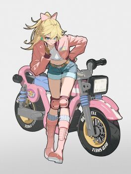 1girl blonde_hair blue_eyes boots bow breasts cropped_jacket daniel_deng denim denim_shorts earrings fingerless_gloves full_body gloves grey_background hair_bow hand_on_own_hip high_ponytail highres index_finger_raised jacket jewelry knee_boots knee_pads kneehighs leaning_forward long_hair mario_(series) mario_kart mario_kart_world midriff motor_vehicle motorcycle navel nintendo official_alternate_costume pink_bow pink_jacket ponytail princess_peach princess_peach_(touring) shirt short_shorts shorts simple_background socks solo thighs white_shirt