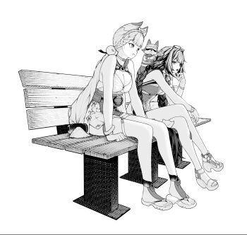 2girls absurdres alice_thymefield alice_thymefield_(sea_of_thyme) animal animal_ears animal_on_back anissa047 bare_shoulders belt bracelet braid braided_twintails breasts camera camera_around_neck cleavage commentary crossed_legs english_commentary eyewear_on_head full_body greyscale hair_ornament hairband hearing_aid highres index_finger_raised jewelry kamanosuke_(zenless_zone_zero) large_breasts looking_at_another low_twintails medium_breasts monochrome multiple_girls official_alternate_costume on_bench one-piece_swimsuit open-toe_shoes open_mouth rabbit_ears rabbit_girl raccoon simple_background sitting sphere_hair_ornament swimsuit tanuki twintails ukinami_yuzuha ukinami_yuzuha_(tanuki_in_broad_daylight) white_background white_hairband zenless_zone_zero