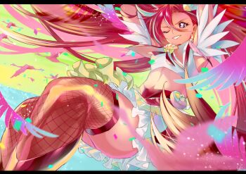 1girl animal armpits arms_up bag_bow battle bird black_border boots border bow brooch capelet cropped_shirt cure_flamingo earrings feather-trimmed_sleeves feet_out_of_frame fishnet_thighhighs fishnets flamingo floating_clothes floating_hair flock frilled_skirt frills furrowed_brow green_sky grin hair_between_eyes hair_ornament highres jewelry knee_boots letterboxed light_particles long_hair magical_girl midriff miniskirt multicolored_hair ocean one_eye_closed outdoors pink_bag precure purple_eyes red_boots red_capelet red_hair red_skirt red_thighhighs shell shell_brooch shell_earrings shipu_(gassyumaron) shirt short_sleeves signature skirt sky smile solo star_(symbol) streaked_hair sunset swept_bangs takizawa_asuka thighhighs thighs tropical-rouge!_precure tsurime two-tone_hair very_long_hair waist_bag white_hair white_shirt yellow_bow