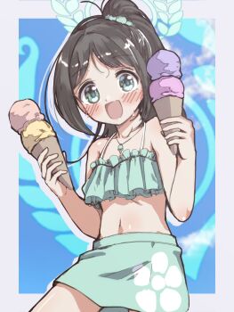1girl :d airi_(blue_archive) alternate_costume alternate_hairstyle bare_shoulders bikini black_hair blue_archive blush food green_bikini green_eyes halo highres holding holding_food ice_cream ice_cream_cone long_hair looking_at_viewer multiple_scoops navel open_mouth ponytail smile solo sweat swimsuit unadon_(unadoom)