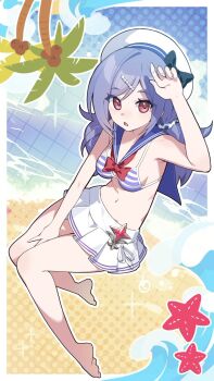 1girl bare_arms bare_legs barefoot beach bikini bikini_top_only blue_bikini blue_hair blue_sailor_collar bow bowtie coconut coconut_tree commentary feet gachop99 green_bow hair_ornament hair_scrunchie hairclip hat hat_bow highres iris_(stella_sora) long_hair looking_at_viewer low_twintails multicolored_bikini navel ocean official_alternate_costume official_alternate_hairstyle open_mouth palm_tree pleated_skirt polka_dot polka_dot_scrunchie red_bow red_bowtie red_eyes sailor_collar sailor_hat sand scrunchie skirt solo starfish stella_sora stomach striped_bikini striped_clothes swept_bangs swimsuit symbol-only_commentary toes tree twintails two-tone_bikini water white_bikini white_skirt
