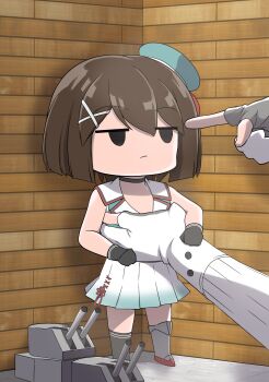 2girls absurdres aqua_hat atlanta_(kancolle) beret black_choker black_gloves brown_hair chibi choker gloves gradient_clothes gradient_skirt hair_ornament hairclip hat headgear highres holding holding_mini_person indoors kantai_collection kuroyaki_soba long_sleeves maya_(kancolle) maya_kai_ni_(kancolle) midriff mini_hat mini_person multiple_girls partially_fingerless_gloves pleated_skirt pointing pointing_at_another rigging ship_turret shirt short_hair skirt sleeveless unamused white_gloves white_shirt white_skirt x_hair_ornament
