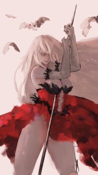 1girl bare_legs bat_(animal) blonde_hair breasts center_frills cleavage closed_mouth cowboy_shot feather-trimmed_gloves feather-trimmed_shirt floating_hair frills full_body gloves hair_over_one_eye hands_up holding holding_sword holding_weapon katana kiss-shot_acerola-orion_heart-under-blade kokorowatari large_breasts lips long_hair long_skirt mature_female monogatari_(series) narrowed_eyes oshino_shinobu red_shirt red_skirt shirt side_slit simple_background skirt skirt_flip solo strapless strapless_shirt sword sword_between_breasts thighs two-handed very_long_hair washingmach13 weapon white_background white_gloves yellow_eyes