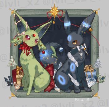 alternate_color black_eyes candy candy_cane christmas christmas_present christmas_tree colored_sclera commentary english_commentary espeon food gen_2_pokemon gift highres lvli_x2 moon_ball nintendo no_humans poke_ball poke_ball_(basic) pokemon pokemon_(creature) purple_eyes ribbon shiny_pokemon sitting umbreon yellow_sclera