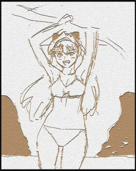 Rule 34 | 1girl, arms up, bikini, breasts, looking at viewer, monochrome, neon genesis evangelion, open mouth, simple background, smile, solo, souryuu asuka langley, swimsuit, tonotyama, twintails, wide hips