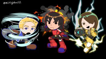 1girl 2boys absurdres arm_cannon armor black_background black_bodysuit black_eyes black_hair black_pants blonde_hair blue_eyes blue_jacket bodysuit boots brown_eyes brown_gloves brown_hair chibi closed_mouth electricity explosion frown full_body gloves gun hair_over_one_eye highres holding holding_gun holding_weapon jacket looking_at_viewer mii_(nintendo) mii_brawler mii_brawler_(smash_ultimate) mii_gunner mii_gunner_(smash_ultimate) mii_swordfighter mii_swordfighter_(smash_ultimate) miifighterss2 multiple_boys nintendo open_mouth pants red_gloves shirt short_hair simple_background smile smoke super_smash_bros. thick_eyebrows twitter_username v-shaped_eyebrows weapon wind yellow_bodysuit yellow_gloves yellow_jacket
