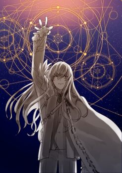 1boy arm_at_side arm_up ascot brooch cape closed_mouth collared_cape commentary_request cowboy_shot doro_(kura-chou) fate/grand_order fate_(series) feathers formal_clothes frilled_sleeves frills gloves greyscale_with_colored_background hair_between_eyes jacket jewelry kirschtaria_wodime light_smile long_hair long_sleeves looking_at_viewer magic_circle male_focus open_clothes open_jacket pants side_cape solo standing straight-on suit vest