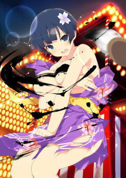 1girl animal_print arm_under_breasts backlighting bare_shoulders blue_eyes blue_hair blunt_bangs blush breasts breasts_out bug butterfly butterfly_print butterfly_print_kimono calligraphy_brush clothes_tug convenient_censoring covering_breasts covering_crotch covering_privates embarrassed festival flower from_below hair_flower hair_ornament heavy_lens_flare ink ink_on_breast insect japanese_clothes kimono large_breasts lens_flare light_particles looking_at_viewer motion_blur night non-web_source obi official_art open_mouth outdoors paintbrush purple_kimono round_teeth sash senran_kagura senran_kagura_new_wave senran_kagura_shinovi_versus short_hair solo sparkle stage stage_lights standing summer_festival tareme teeth torn_clothes torn_kimono yaegashi_nan yozakura_(senran_kagura)