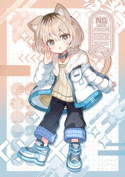 1girl :o absurdres animal_ear_fluff animal_ears black_pants blue_choker blue_jacket blue_shoes blush brown_eyes brown_hair brown_sweater cat_ears cat_girl cat_tail choker commentary commission full_body grid_background hand_up highres indie_virtual_youtuber jacket jewelry long_sleeves looking_at_viewer necklace nekorone_aoi open_clothes open_jacket open_mouth pants ribbed_sweater shirocha_tei shoes short_hair skeb_commission solo standing sweater tail twitter_username virtual_youtuber watermark